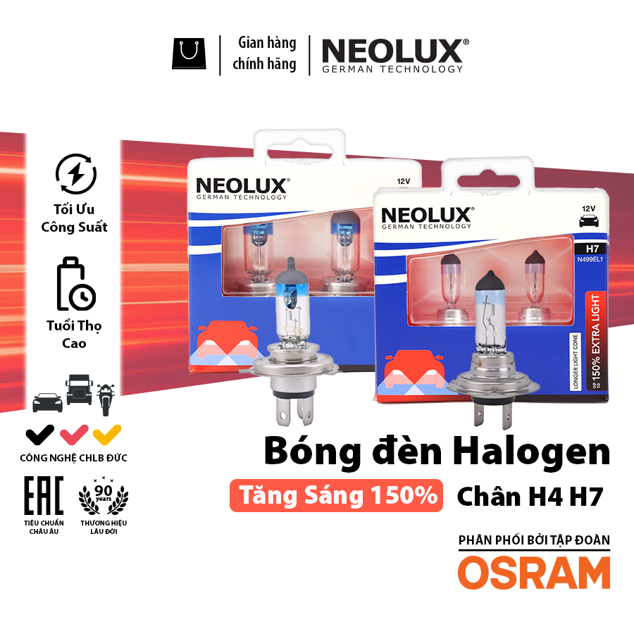 Bóng Halogen Tăng Sáng 150% H4 12V 60/55W N472EL1-2SCB Hiệu Neolux