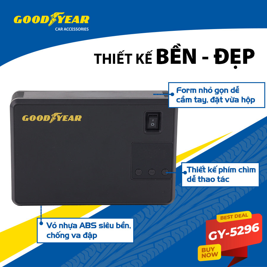 Bộ kích điện+bơm hơi Goodyear GY-5296 12V 10400mAh - 400A - 38.48Wh-2.6A 150PSI-21L/min mặt đồng hồ điện tử