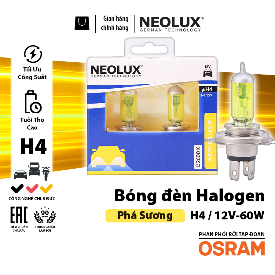 Bóng Halogen Phá Sương H4 12V 60/55W P43T N472W-2SCB Hiệu Neolux