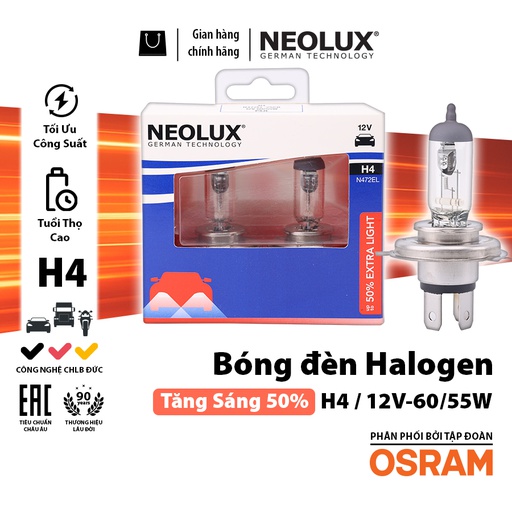 [BDNLXH412VN472EL50] Bóng Halogen Tăng Sáng 50% H4 12V 60/55W N472EL-2SCB Hiệu Neolux