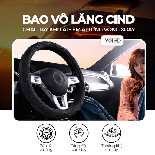 [BTLSMDY019D] Bao vô lăng CIND  PU+TPE kiểu D Y019D size M đen