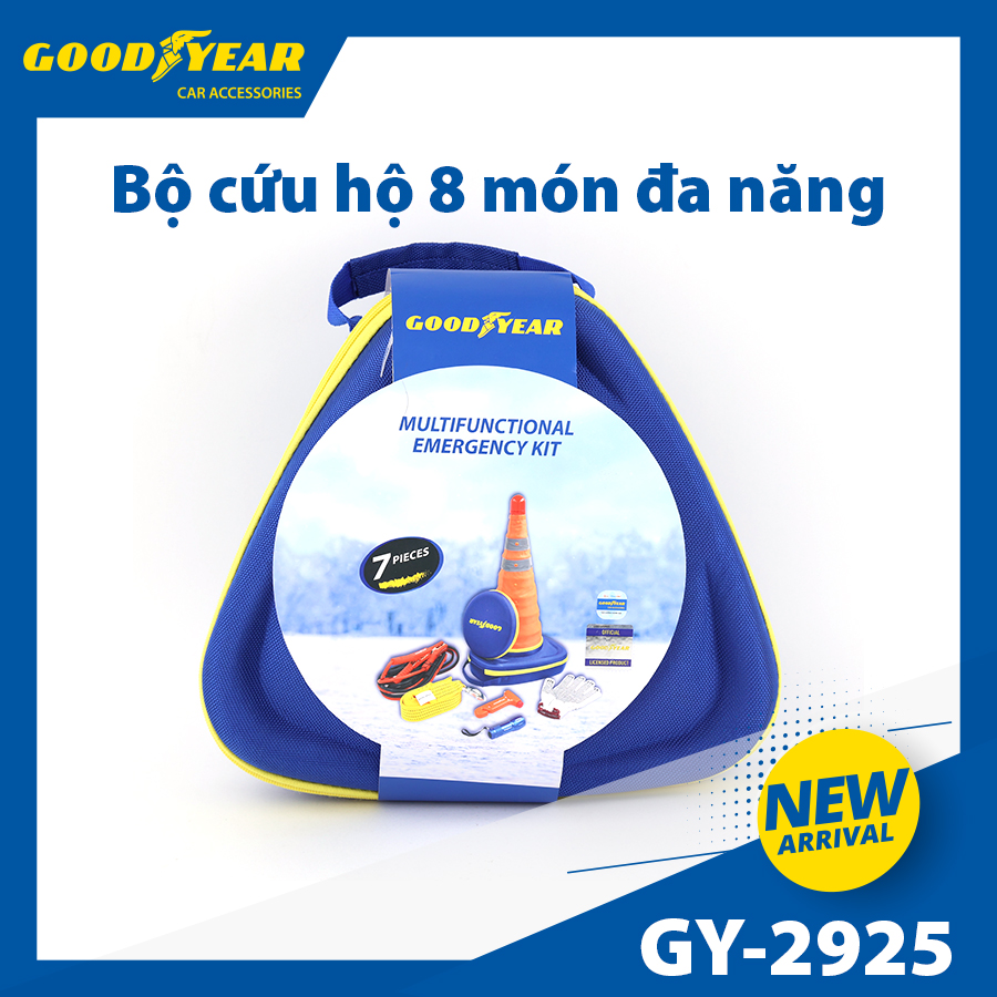 Bộ cứu hộ 8 món GOODYEAR GY-2925 (Dây sạc bình 2m5 250A, dây kéo xe 4m- đèn pin, búa thoát hiểm, bao tay, đèn pin, bảng tam giác cảnh báo, đèn tín hiệu, túi đựng)