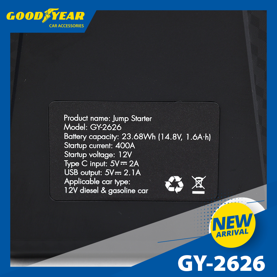 Bộ kích điện GOODYEAR GY-2626 12V 6400mAh - 400A - 22.35Wh - 1.6A mặt đồng hồ điện tử