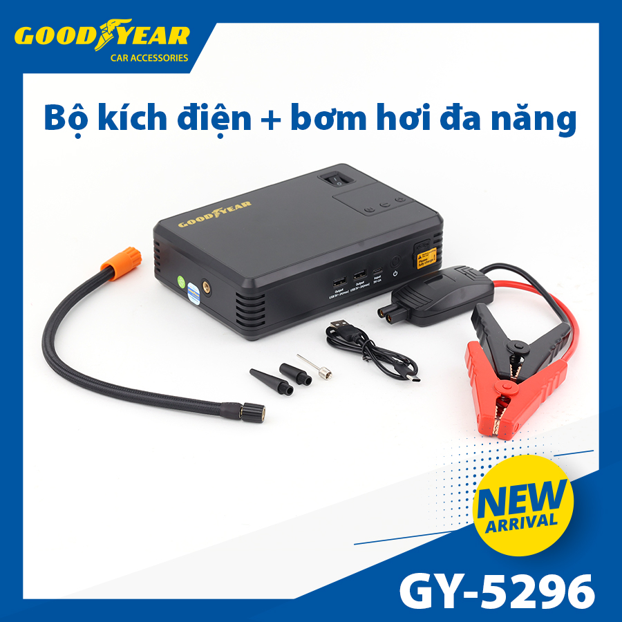 Bộ kích điện+bơm hơi Goodyear GY-5296 12V 10400mAh - 400A - 38.48Wh-2.6A 150PSI-21L/min mặt đồng hồ điện tử