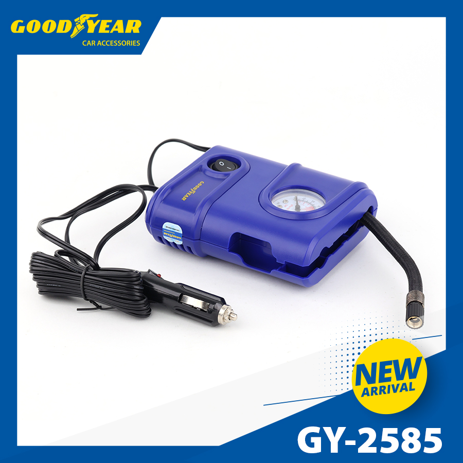 Máy bơm hơi mini vuông GOODYEAR GY-2585 12V - 75W - 10A - 100psi - 32L/min mặt đồng hồ cơ