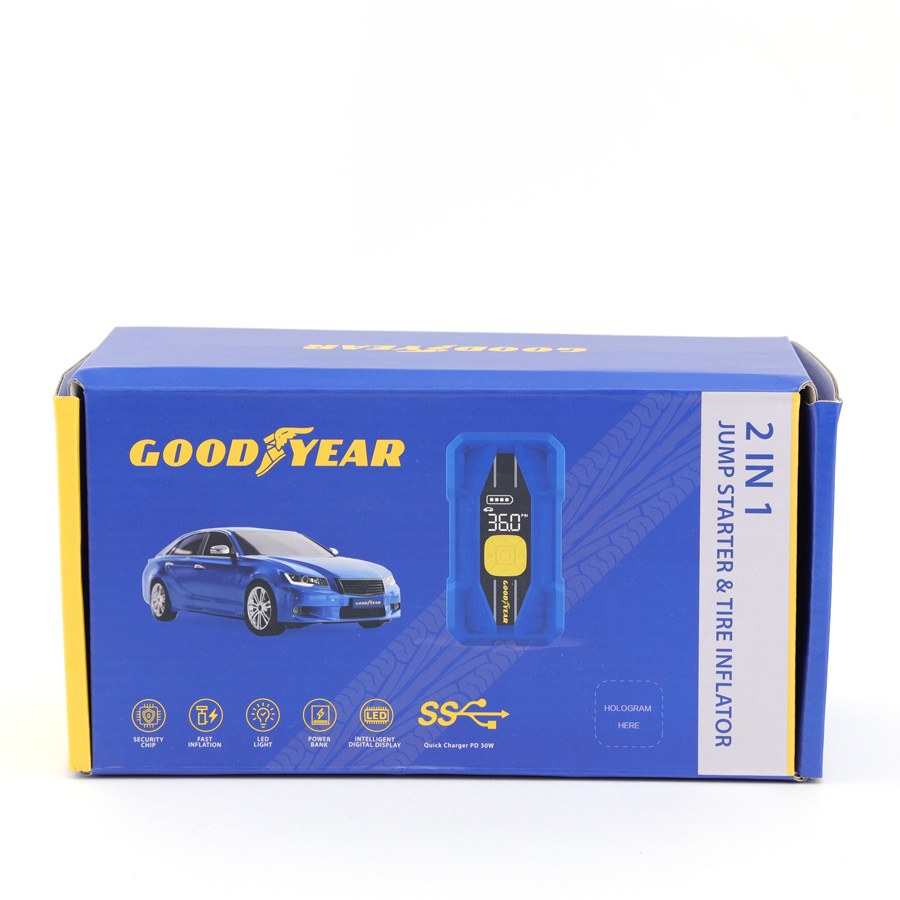 2 trong 1 bơm hơi và kích bình GOODYEAR GY-2254 8000mAh, 14.8V, 2.0Ah, 29.6Wh, 0-150 PSI