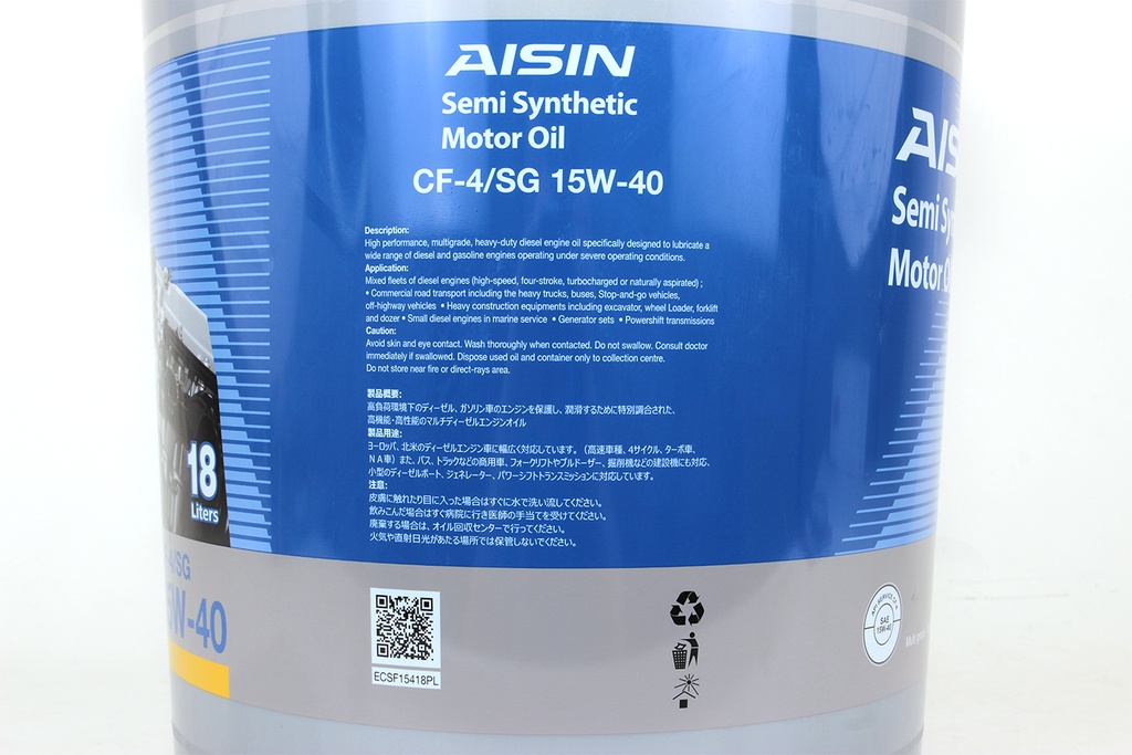 Nhớt Động Cơ Aisin 15W-40 CF4/SG Semi Synthetic 18 Lít ECSFormula 15418PL