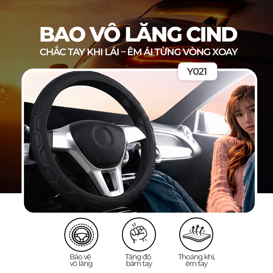 [BTLSMY021D] Bao vô lăng CIND PU+TPE Y021 size M đen