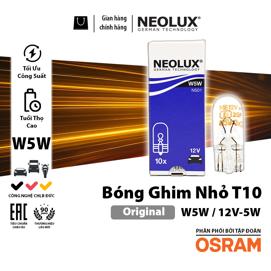 [BDNLXT1012VN501] Bóng gim nhỏ T10 (W5W) TRẮNG 12V 5W  N501 Hiệu NEOLUX