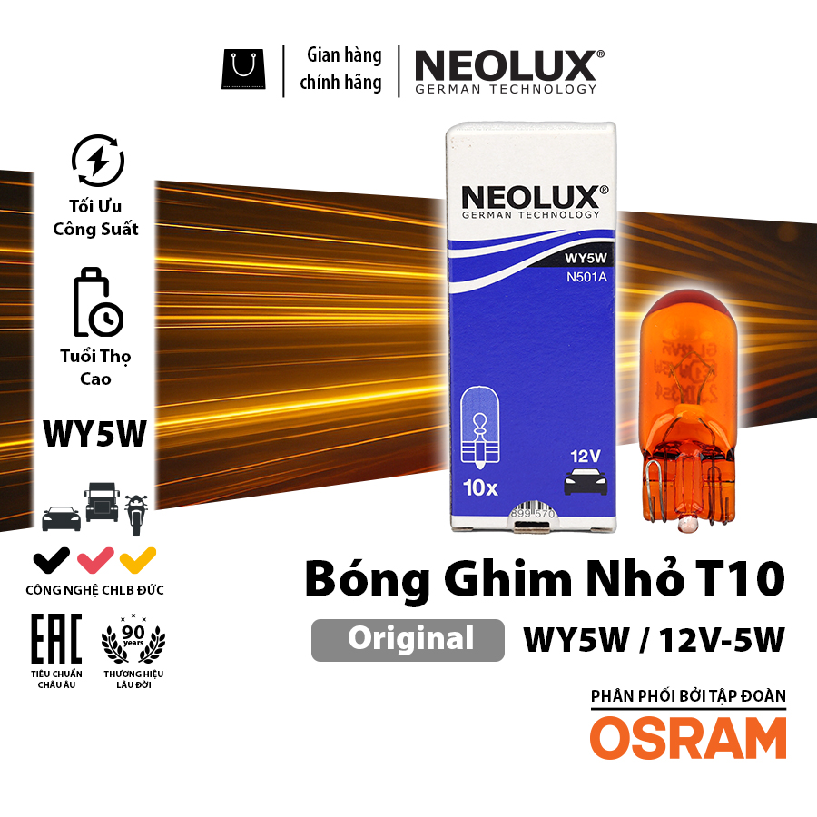 [BDNLXT1012VN501A] Bóng gim nhỏ T10 (W5W) VÀNG 12V 5W N501A Hiệu NEOLUX