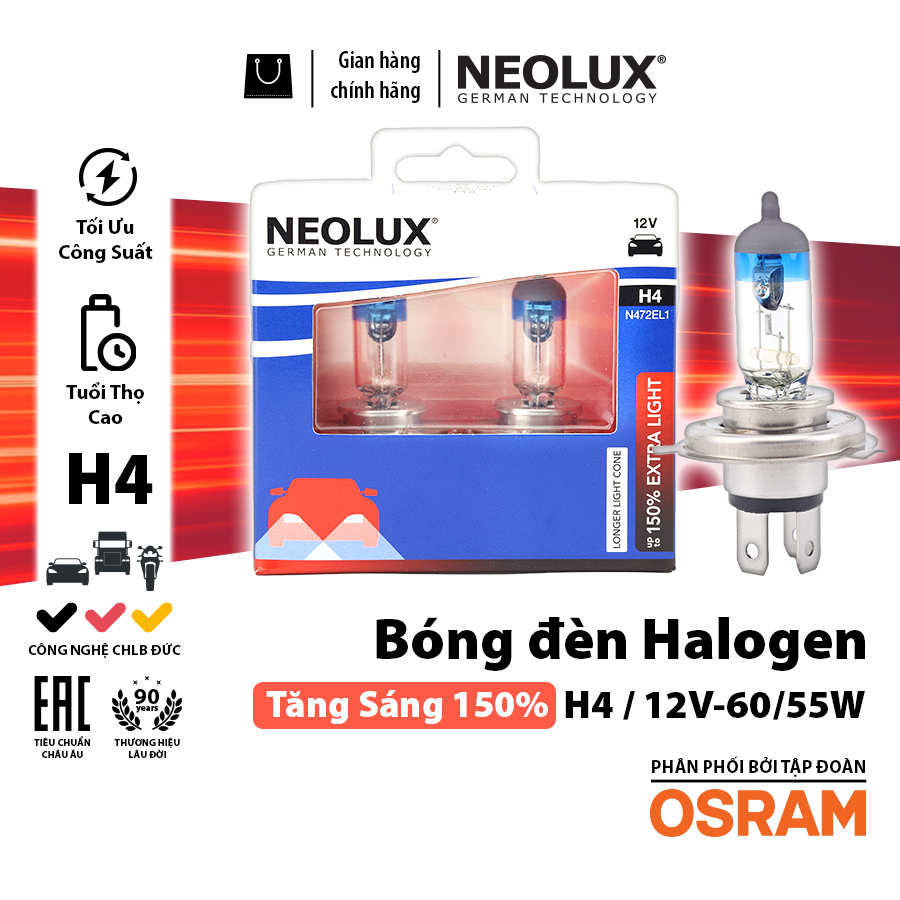 [BDNLXH412VN472EL1150] Bóng Halogen Tăng Sáng 150% H4 12V 60/55W N472EL1-2SCB Hiệu Neolux