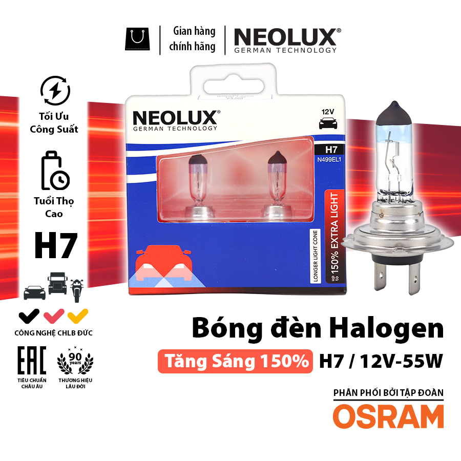 [BDNLXH712VN499EL1150] Bóng Halogen Tăng Sáng 150% H7 12V 55W N499EL1-2SCB Hiệu Neolux
