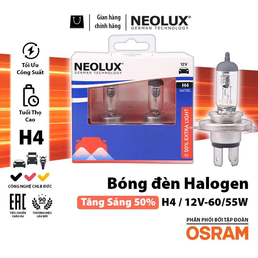 [BDNLXH412VN472EL50] Bóng Halogen Tăng Sáng 50% H4 12V 60/55W N472EL-2SCB Hiệu Neolux