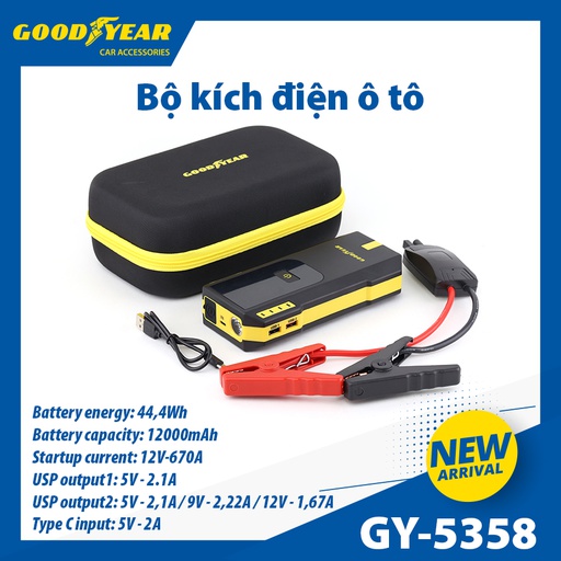 [BKDGY5358] Bộ kích điện GOODYEAR GY-5358 12V 12000mAh - 670A - 44.4Wh - 3.0A mặt đồng hồ điện tử