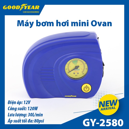 [MBGY2580] Máy bơm hơi mini Ovan GOODYEAR GY-2580 12V-120W-10A, 80psi-30L/min mặt đồng hồ cơ