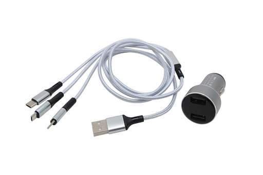 [SDTMHC74B] Bộ sạc ĐT 2 cổng + dây sạc 3 đầu C74 - 4.8A (Ip4 - Ip5 - micro USB - Type C) C74 bạc